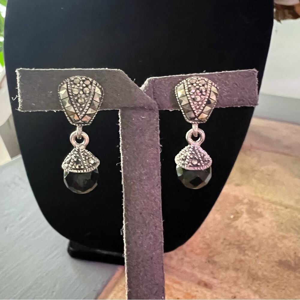 925 Sterling Silver Black Bead Drop Earrings
